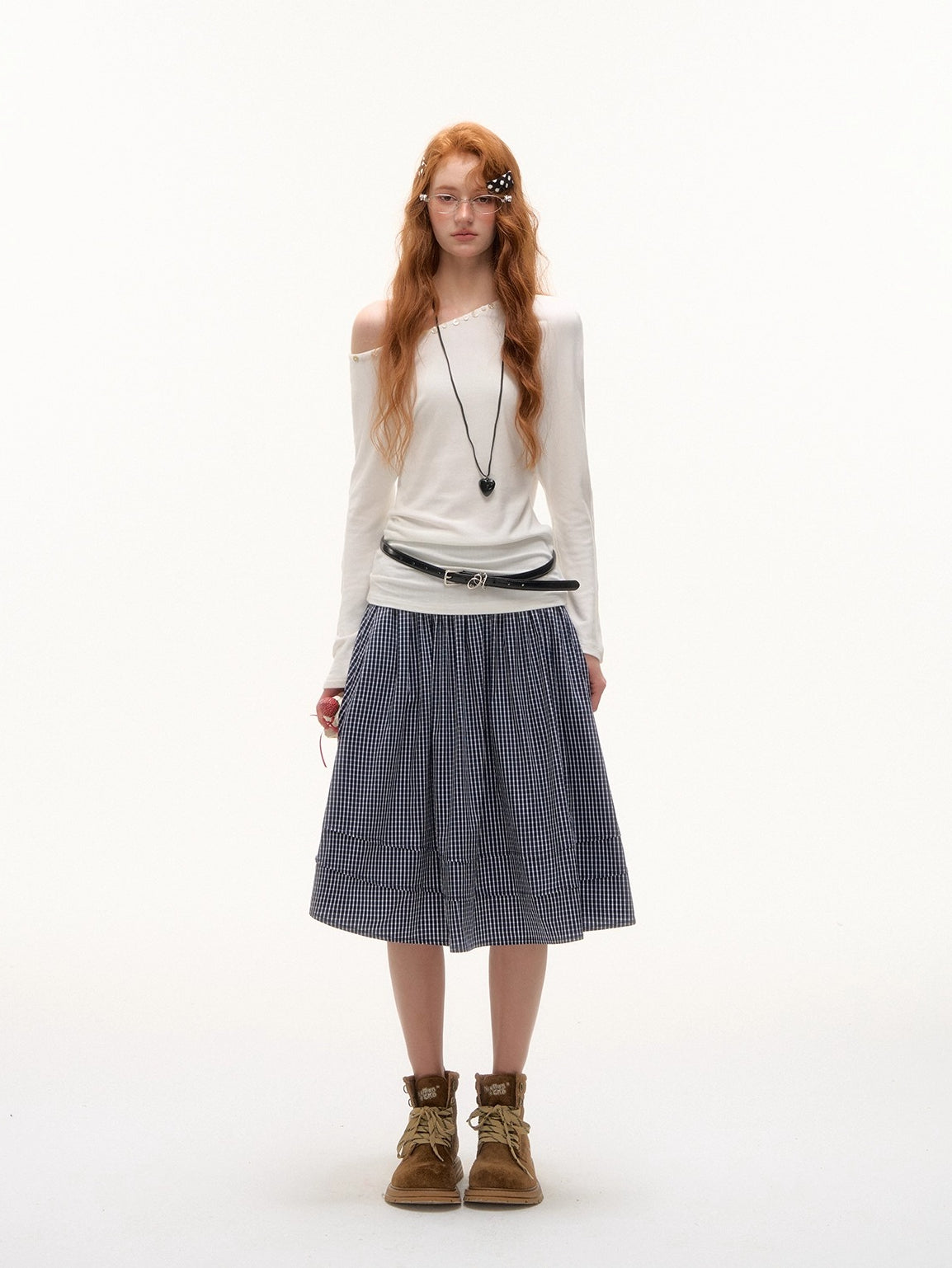 Off-Shoulder Pearl-Button Long-Sleeve T-Shirt