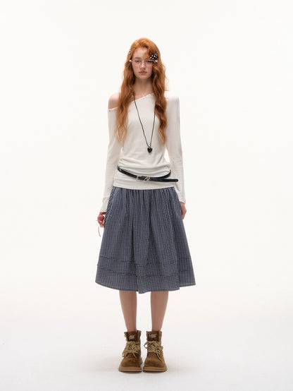 Off-Shoulder Pearl-Button Long-Sleeve T-Shirt