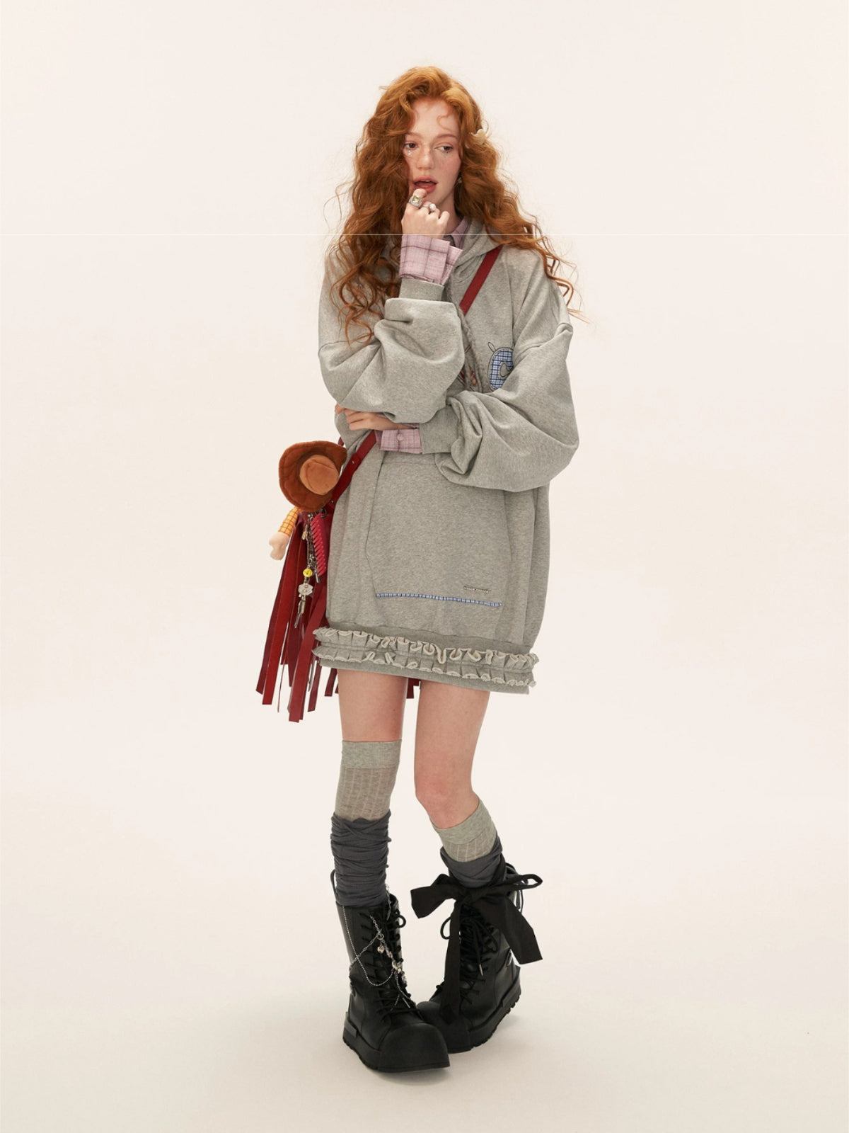Plaid Embroidered Hooded Sweatshirt Dress
