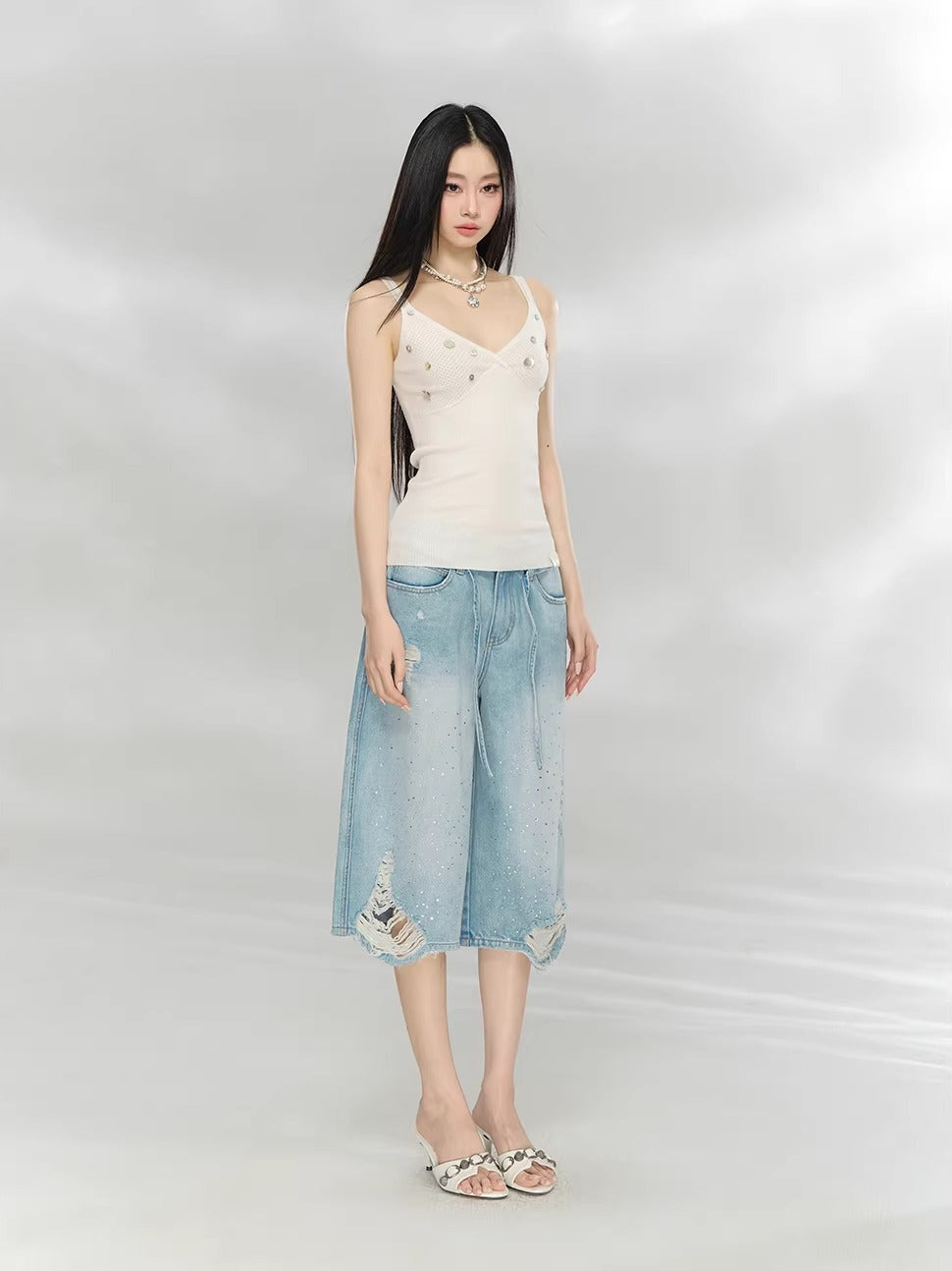 Beige Cross V-Neck Knit Top