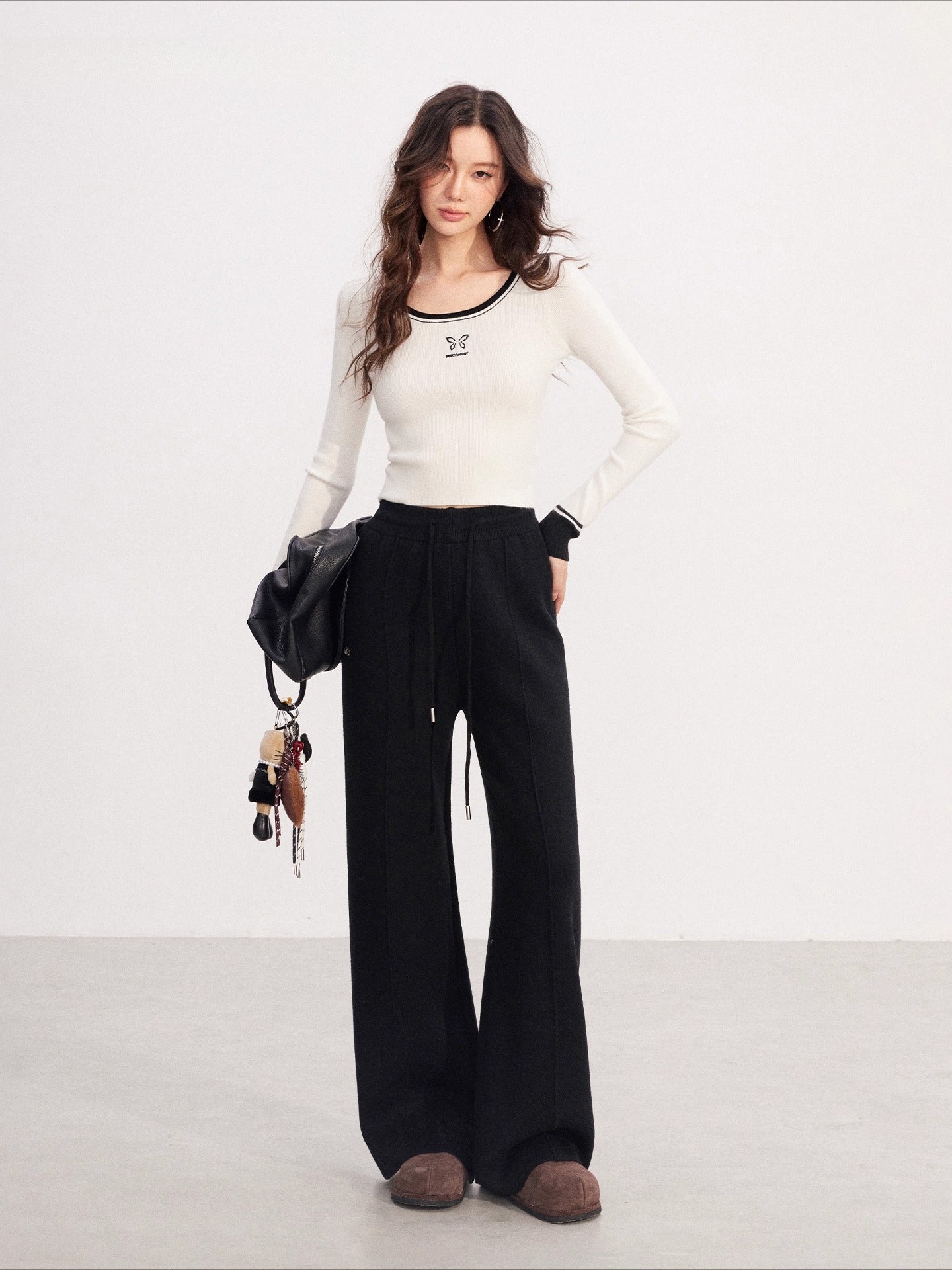 Fleece-lined Knit Elastic Waist Wide-leg Pants