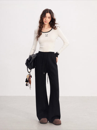 Fleece-lined Knit Elastic Waist Wide-leg Pants