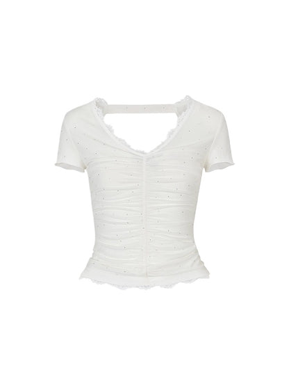 Acetate Lace Backless Beaded Short-sleeve T-shirt