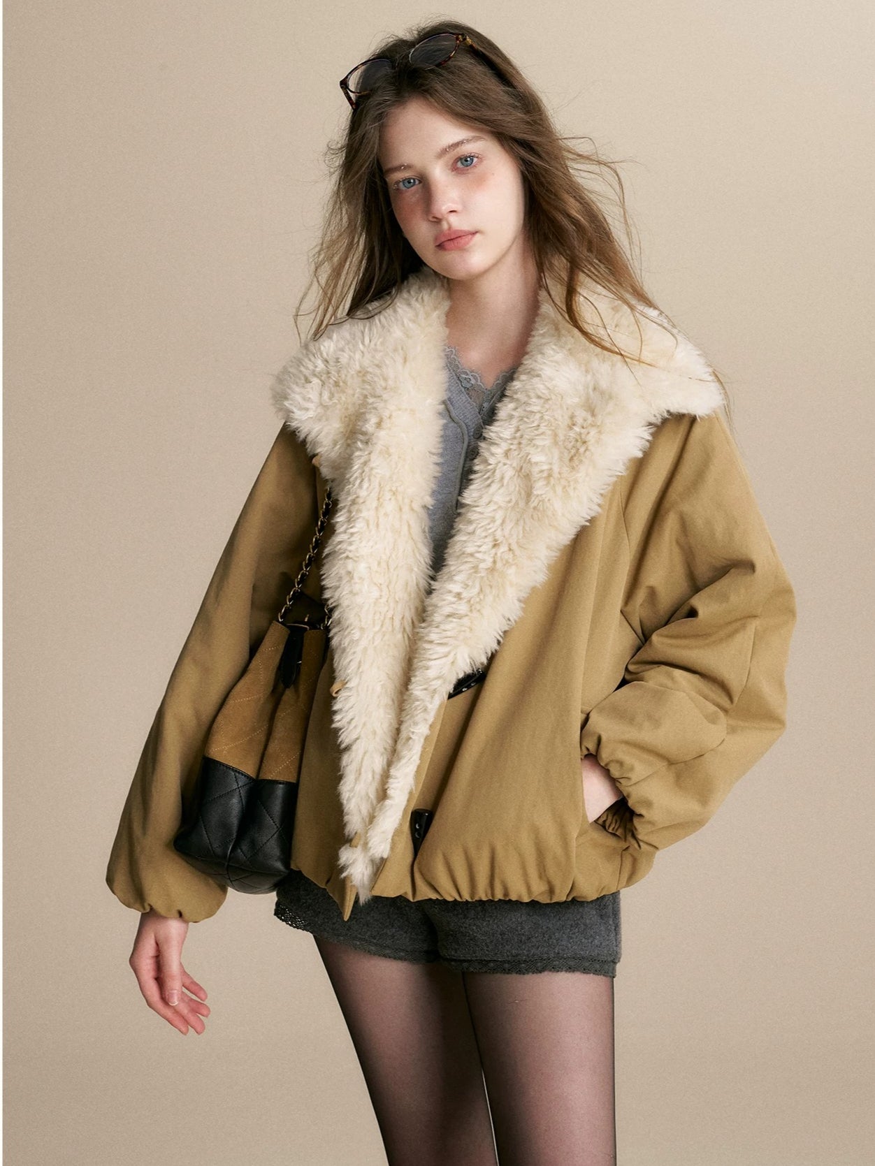 Khaki Shearling Collar Parka Jacket