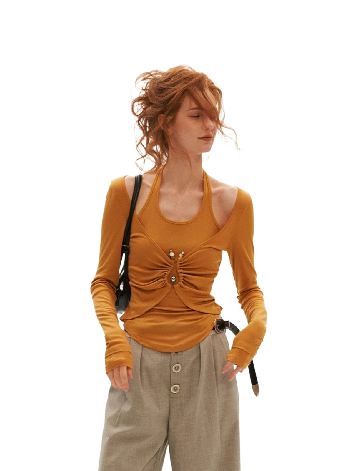 Halter Ruched Long Sleeve Top
