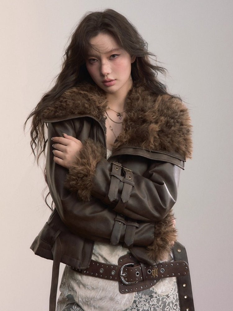 Faux Shearling Fur Collar Short Jacket