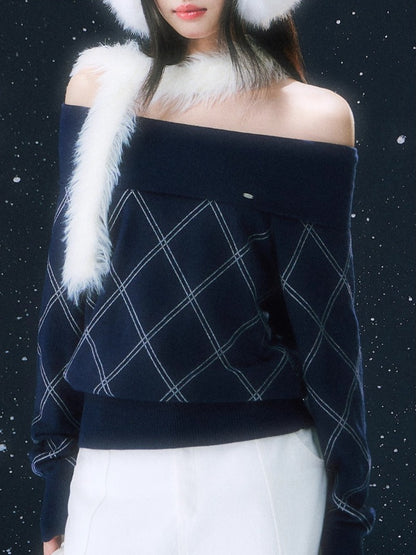 Navy Blue Off-shoulder Diamond-pattern Knit Sweater