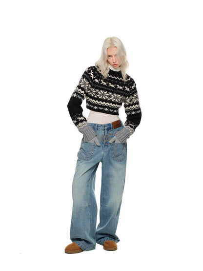 Vintage Jacquard Chunky Knit Crewneck Sweater