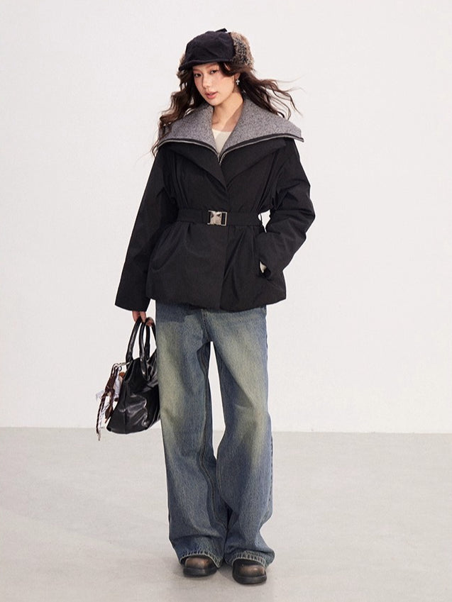 Belted Contrast-Knit Collar Down Coat