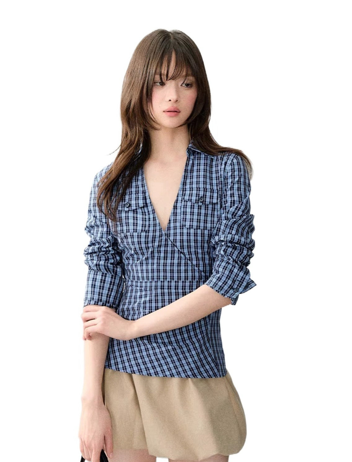 Blue &amp; White V-neck Pocket Shirt