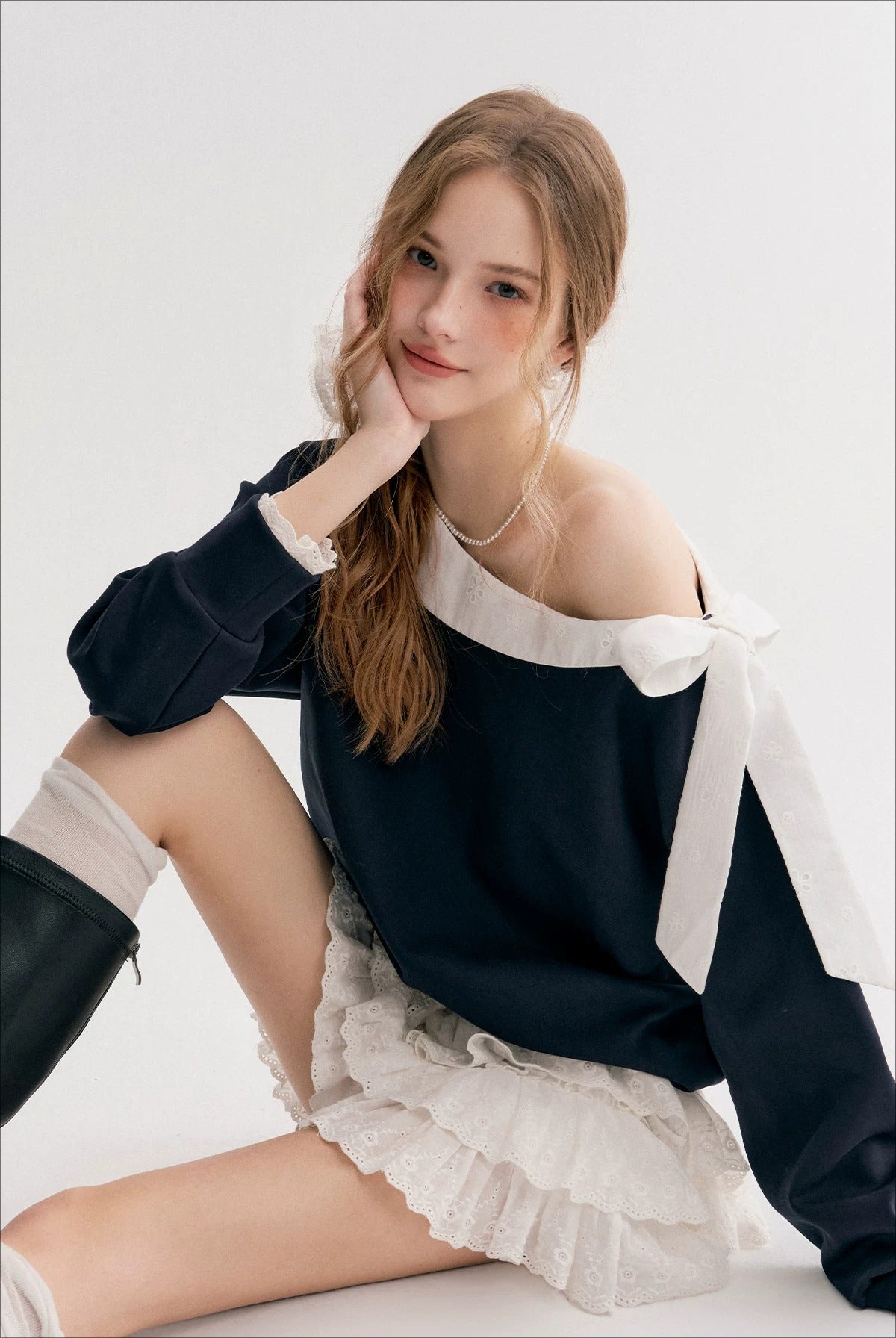 Navy &amp; Pink Bow Off-Shoulder Sweatshirt
