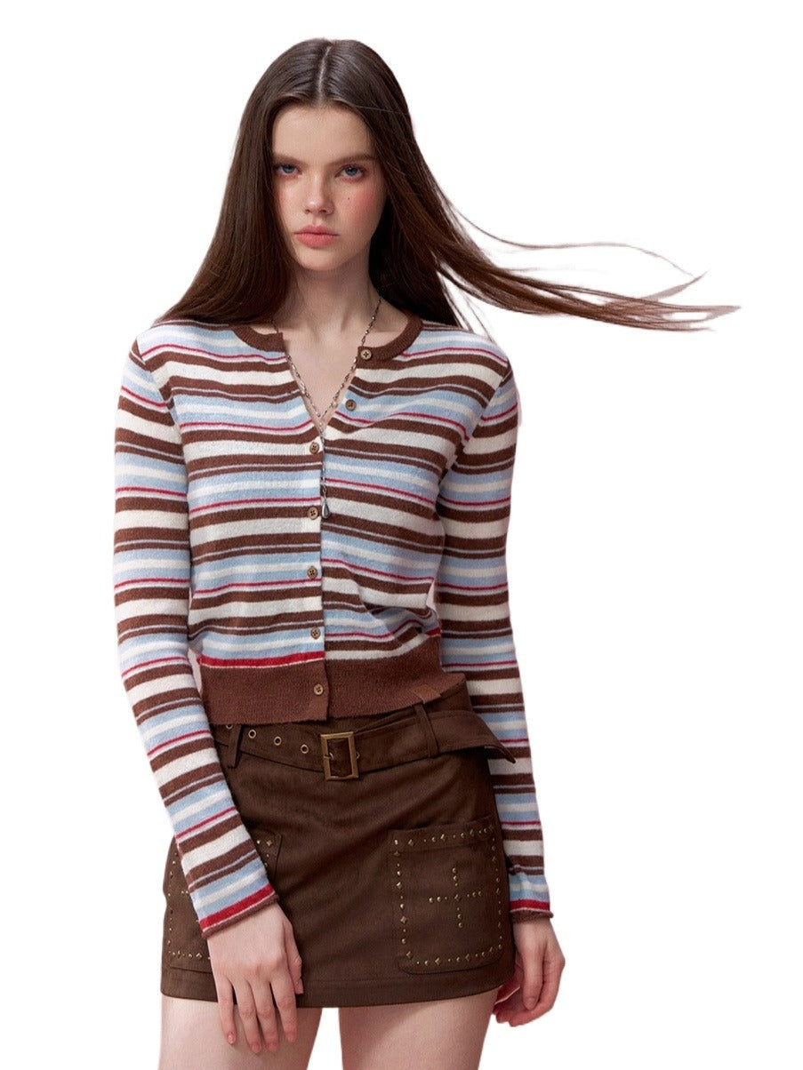 Color-Block Striped Wool Knit Cardigan