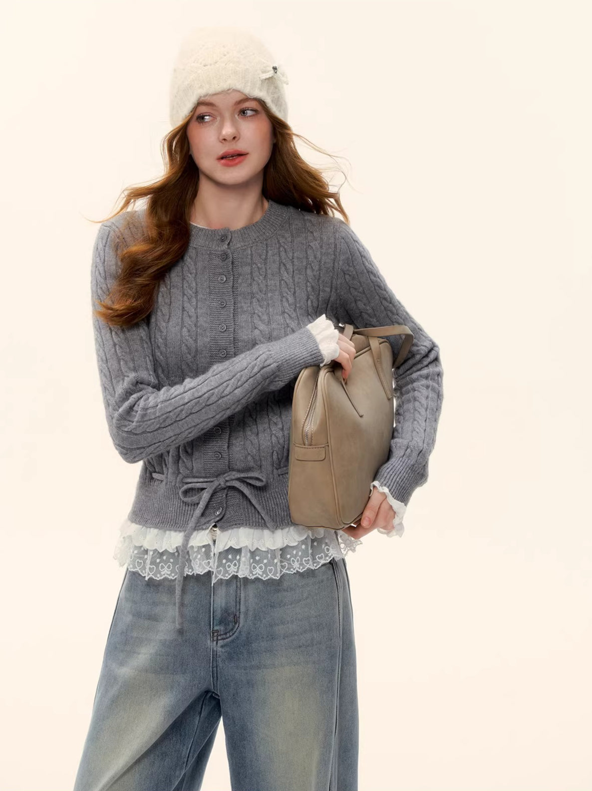 Cable Knit Lace Hem Drawstring Sweater