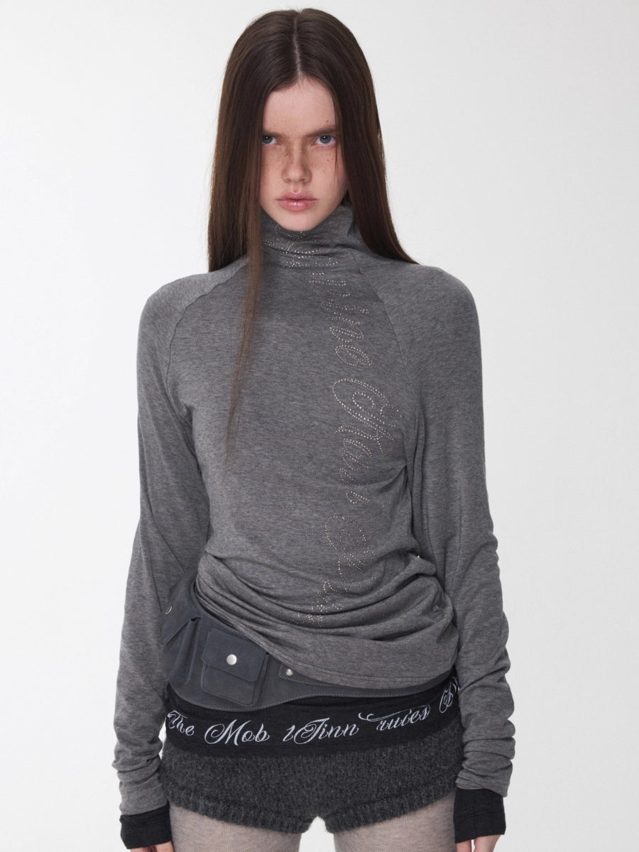 Rhinestone High Neck Raglan Knit Top