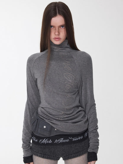Rhinestone High Neck Raglan Knit Top