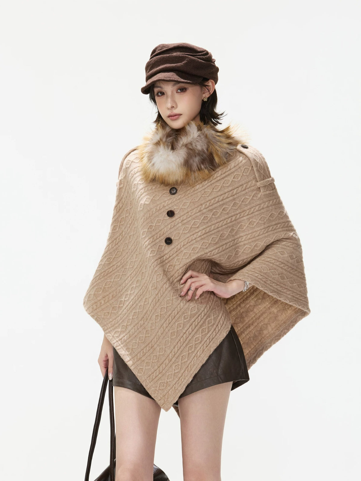 Detachable Fur Collar Cable Knit Cape
