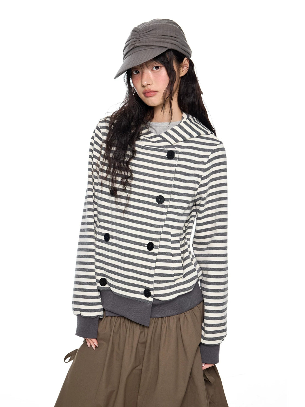 Double-Breasted Striped Hooded Cardigan