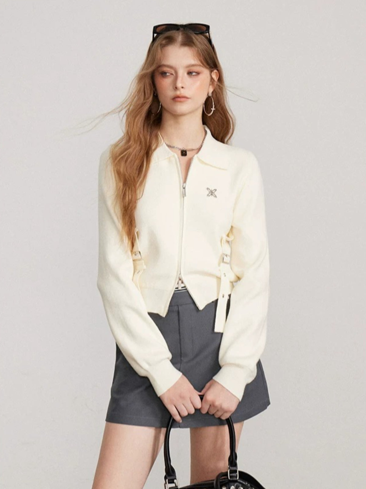 Ribbon Zip Collar Knit Cardigan