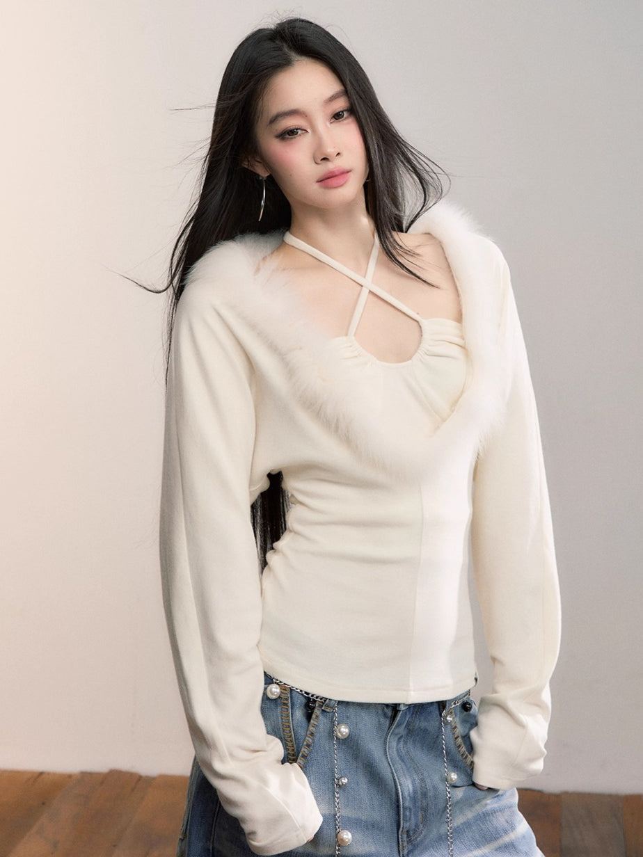 Fox-Trim Halter Knit Top