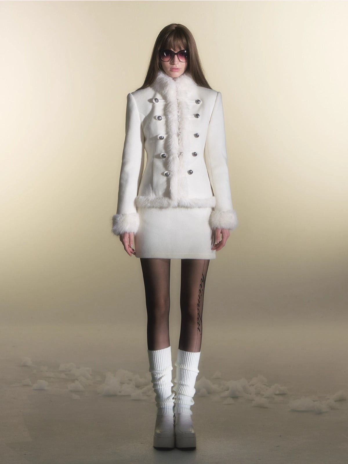 Faux Fur Double-Breasted Waist-Coated Jacket &amp; Skirt Set