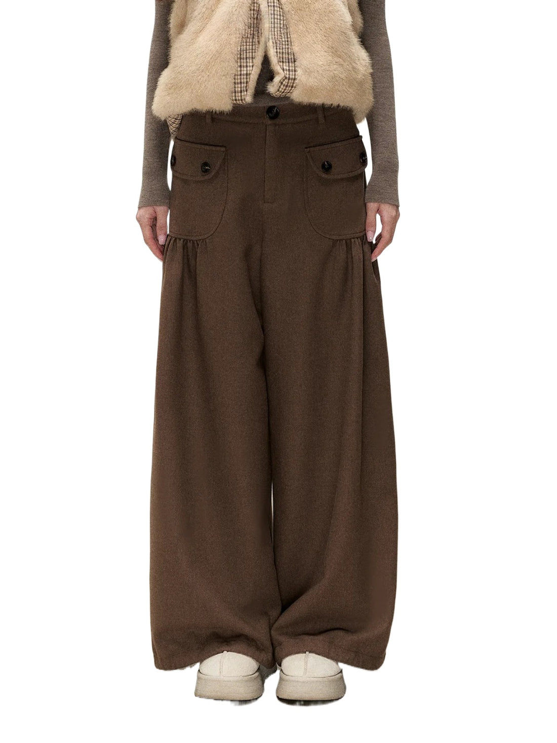 Vintage Brown Pleated Straight-Leg Pants