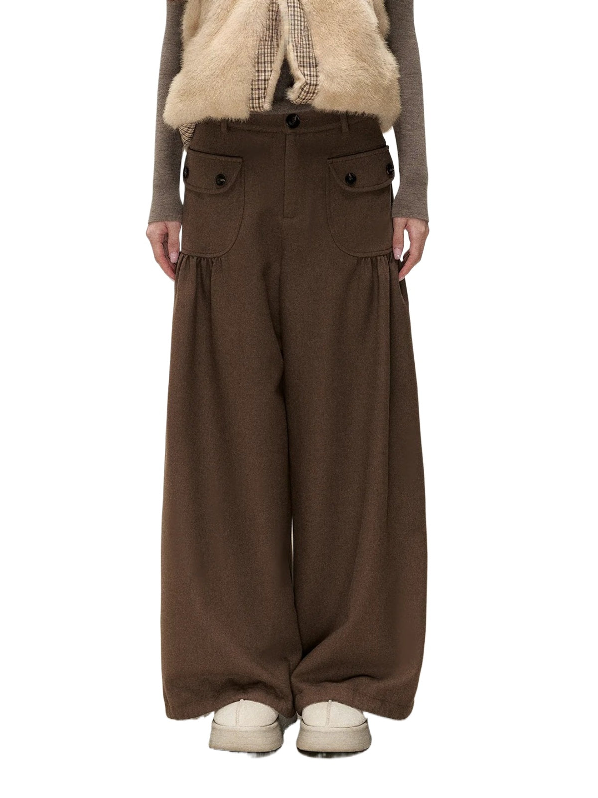 Vintage Brown Pleated Straight-Leg Pants