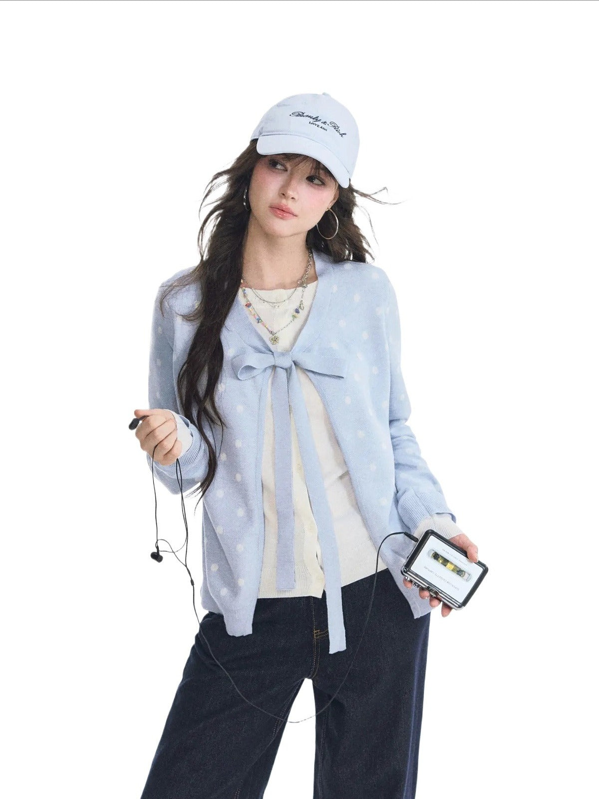 Polka Dot Bow Tie Knit Cardigan
