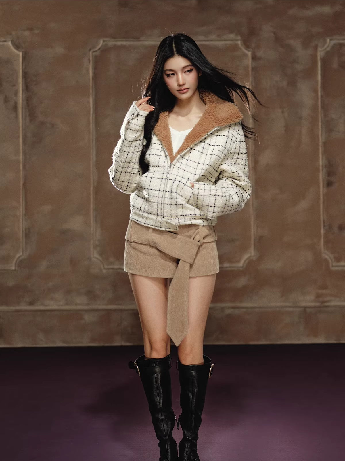 Wool Tweed Faux-Shearling Collar Quilted Jacket