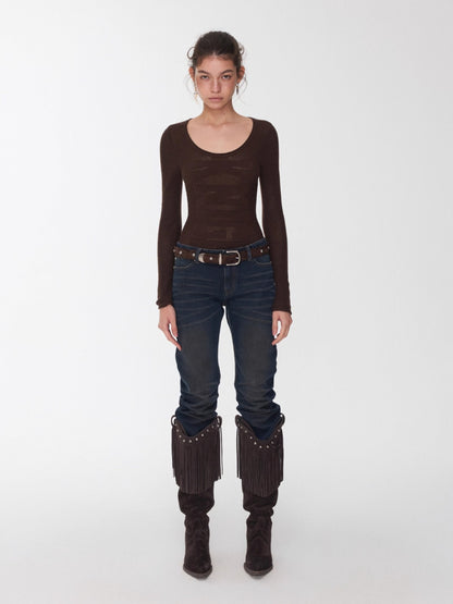 Crewneck Textured Open-Knit Wool Sweater