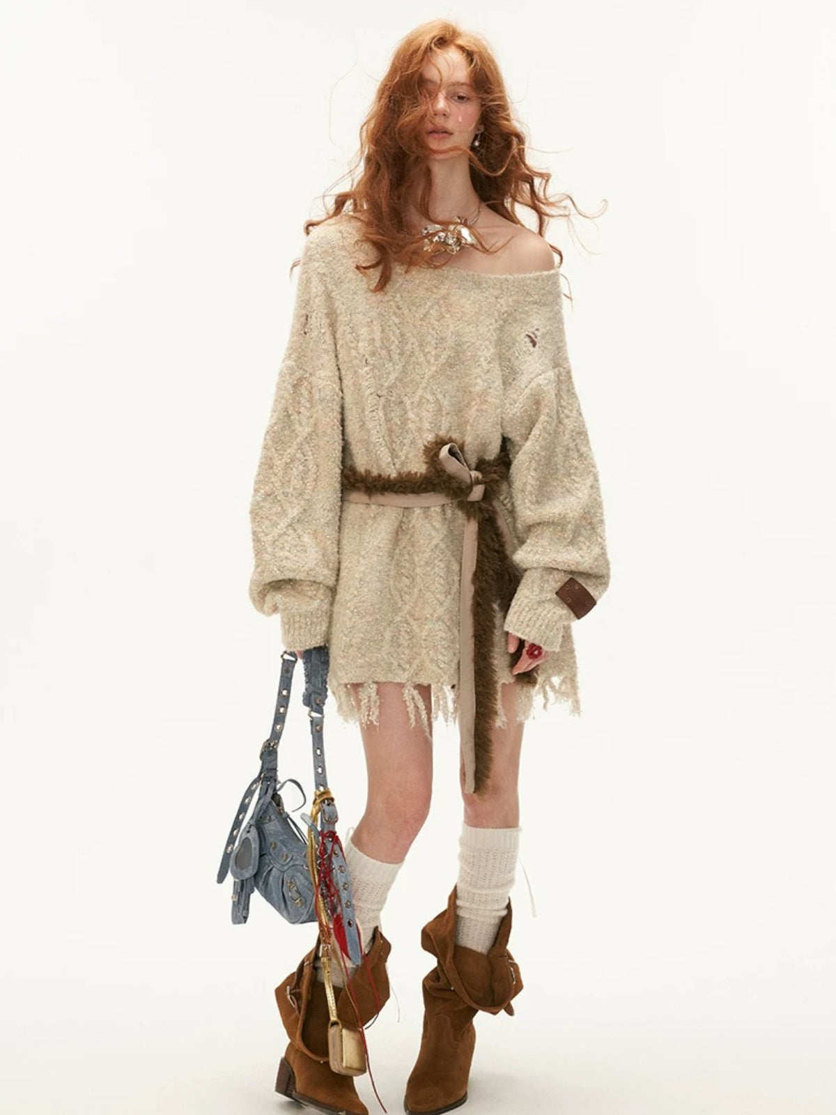 Off-Shoulder Fringe Knit Sweater
