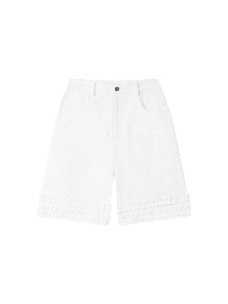 White Lace Trim Casual Shorts