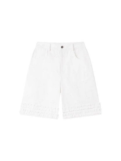 White Lace Trim Casual Shorts