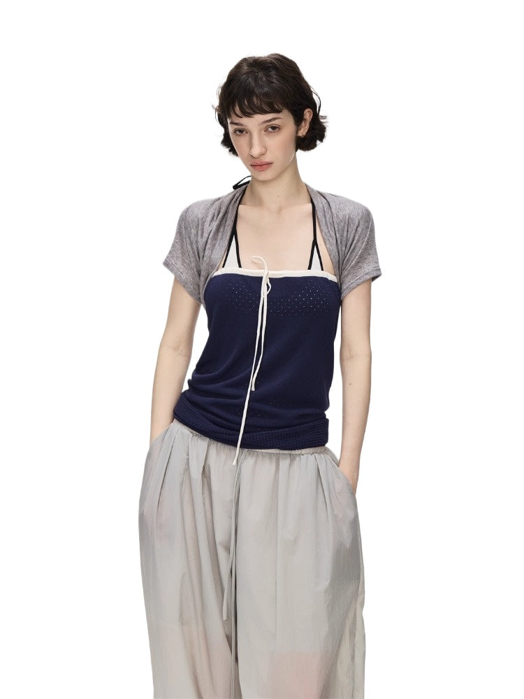 Navy Color-Block Mesh Tube Top