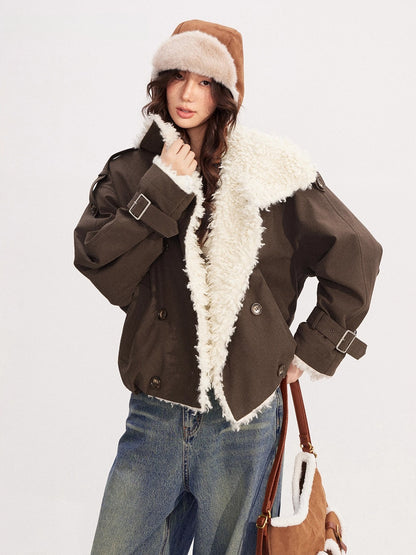 Sheepskin Splicing Quilted Boxy Short Jacket