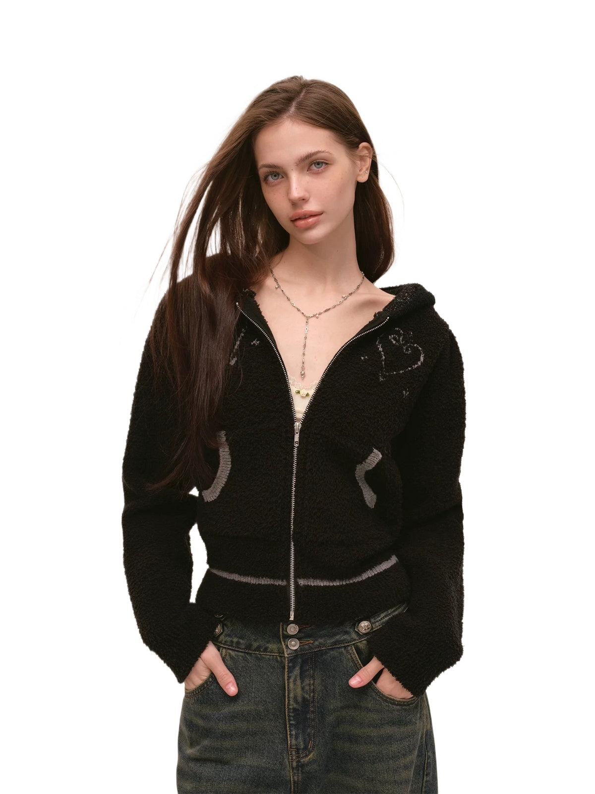 Heart Totem Knit Hooded Cropped Jacket