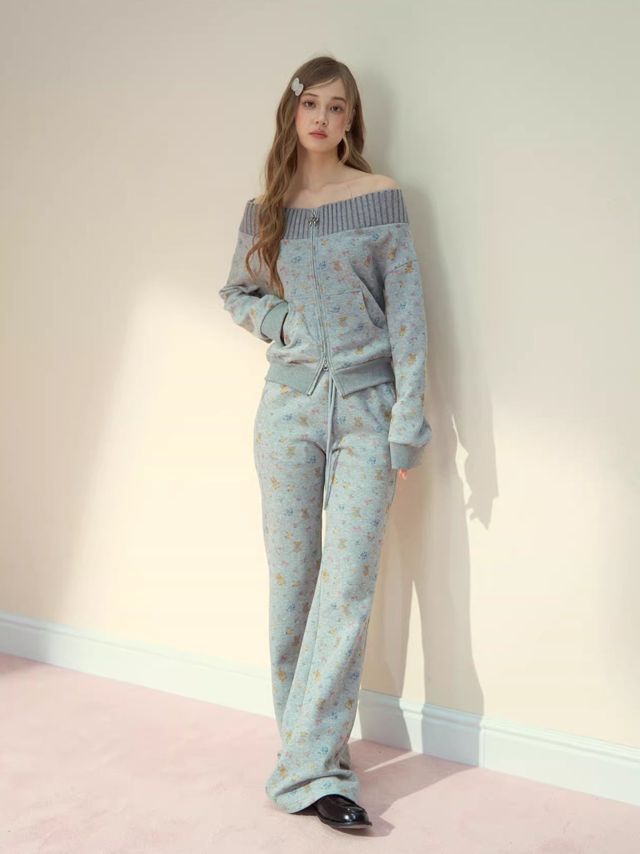 Floral Bear Bunny Off-Shoulder Sweatshirt &amp; Pants Set