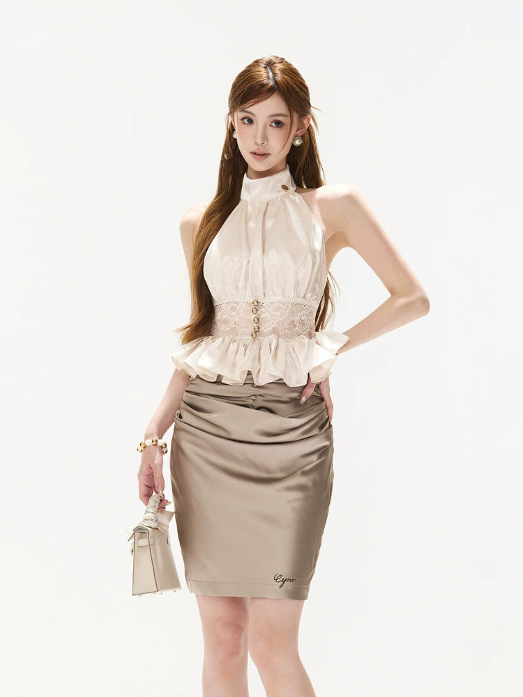 Brown Ruched Satin Mini Skirt