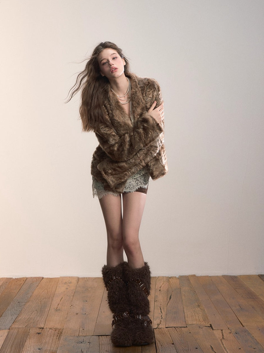 Textured Custom Large Notch Collar Faux Fur Coat