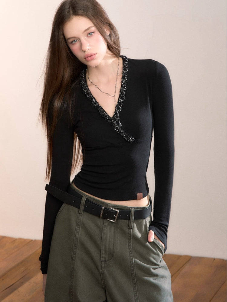 V-Neck Beaded Trim Knit Top