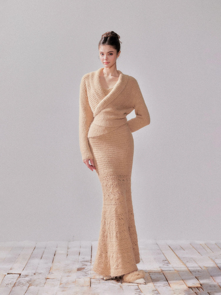 Fishtail Pencil Dress &amp; Hollow Knit Cardigan  Set