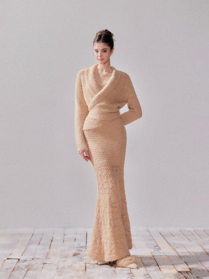Fishtail Pencil Dress &amp; Hollow Knit Cardigan  Set