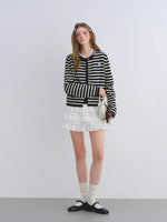 Wool Blend Striped Crewneck Knit Cardigan