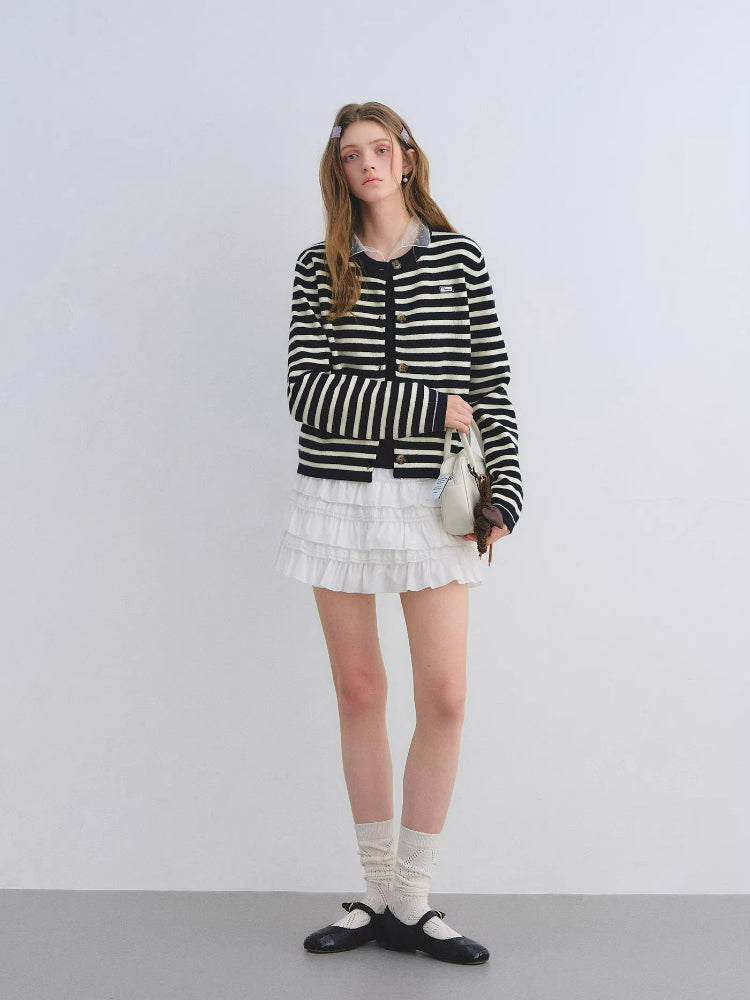 Wool Blend Striped Crewneck Knit Cardigan