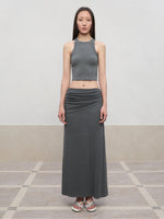 Lyocell Pleated Mid-Low Waist Midi Skirt