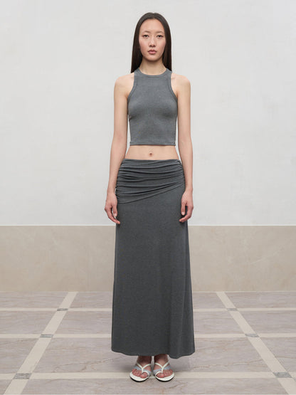 Lyocell Pleated Mid-Low Waist Midi Skirt