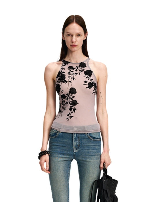 Flocked Mesh Floral Violet Cami