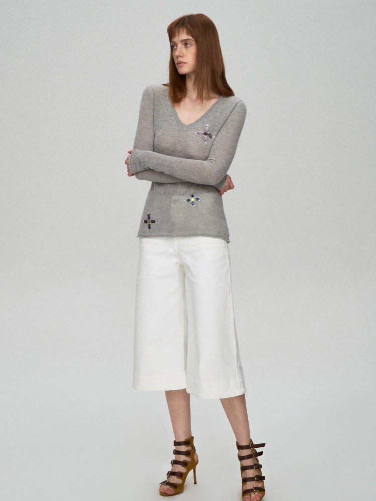 Camel Hair Sequin V-Neck Top