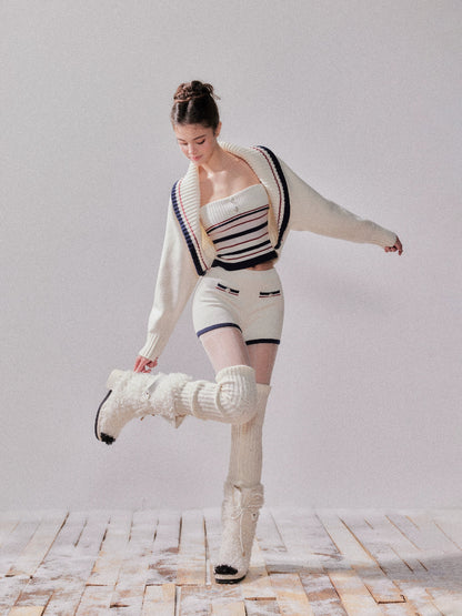 Striped Oversized Collar Knit Cardigan and Pants Set