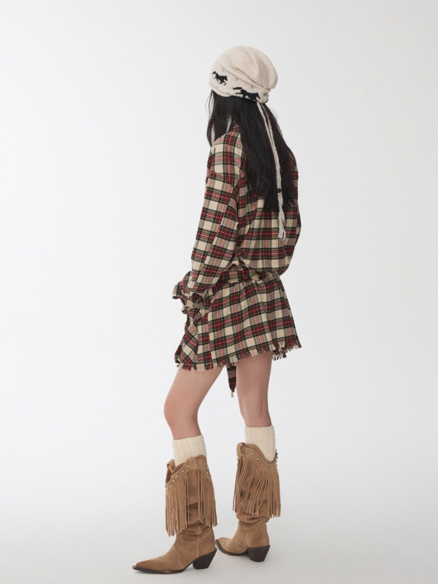 Vintage Red Plaid Frayed-Edge Utility Shirt Dress