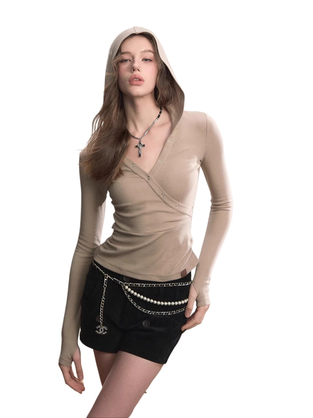 Cross Neck Hooded Slim-Fit Knit Top